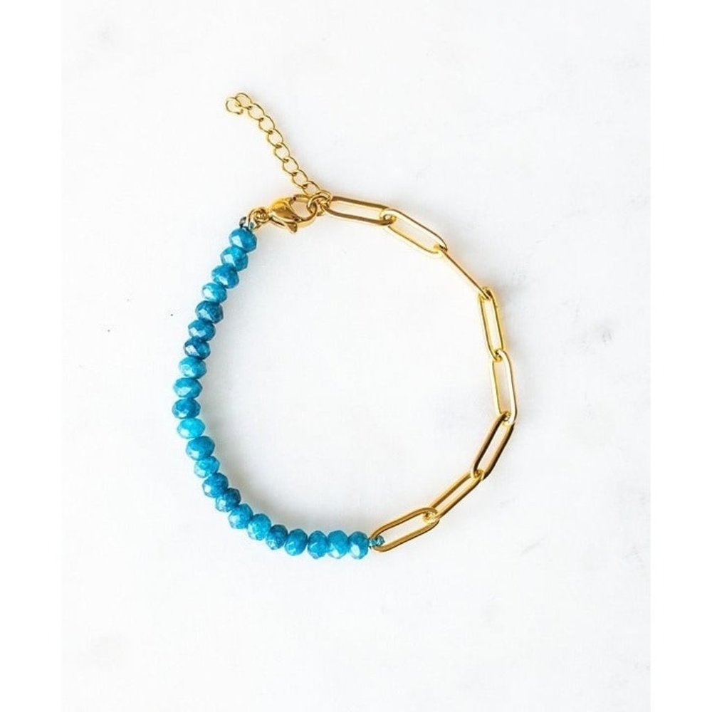 Bracelet Blue Apatite Beaded Gemstone Bracelet half Gold Paperclip Chain CUTE